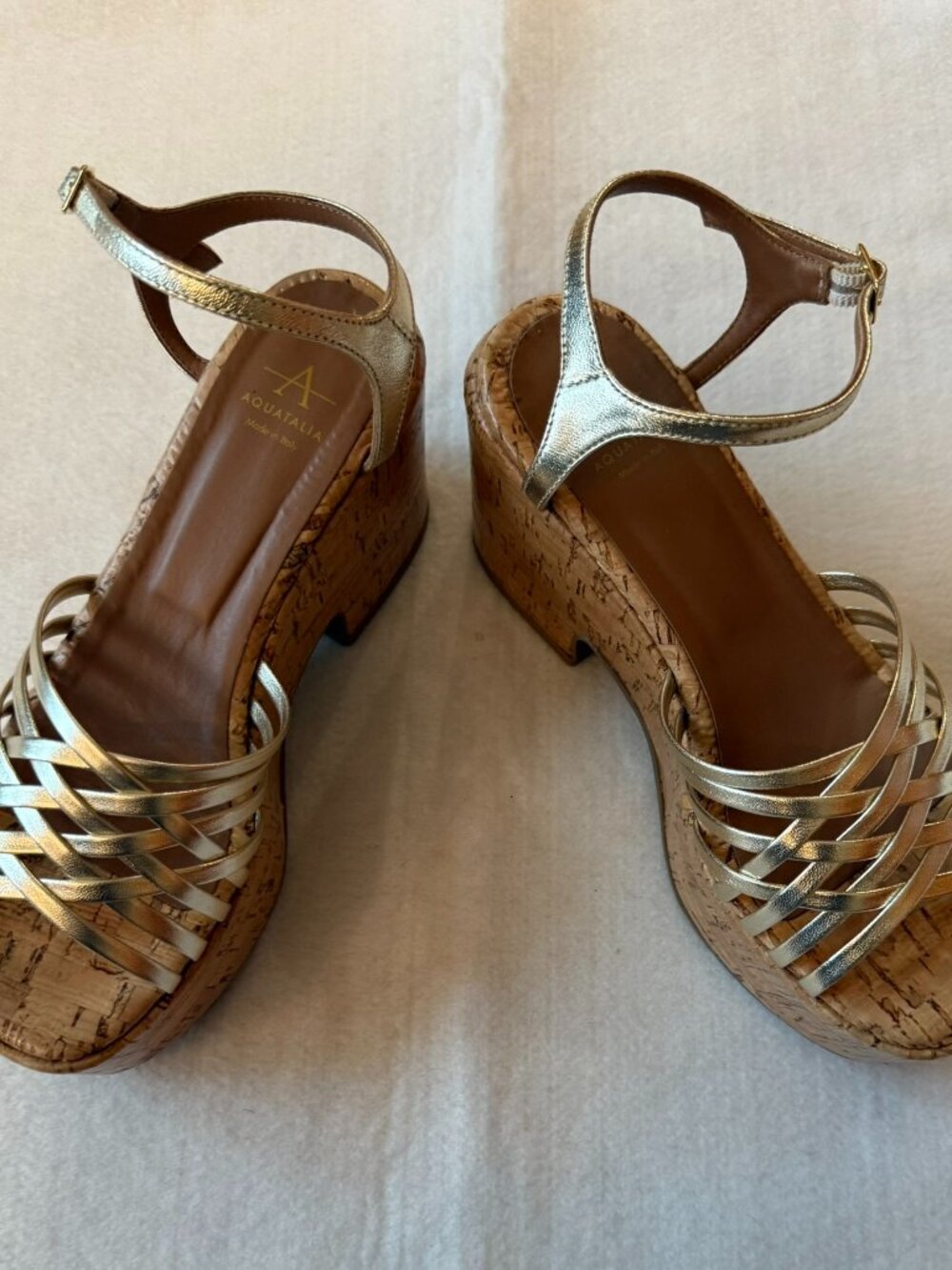 Aquatalia Elene Metallic Gold Cork Platform Wedge Sandals, Size 6.5